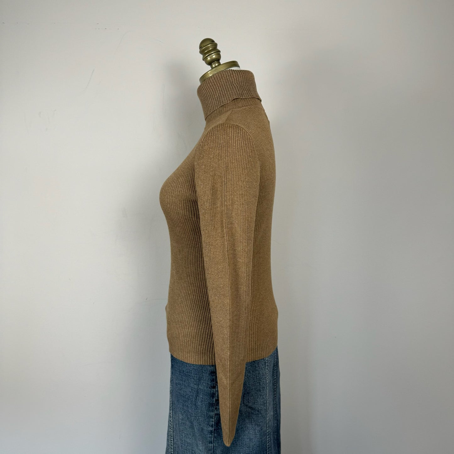 Sand Brown Ribbed Knit Turtleneck Sweater
