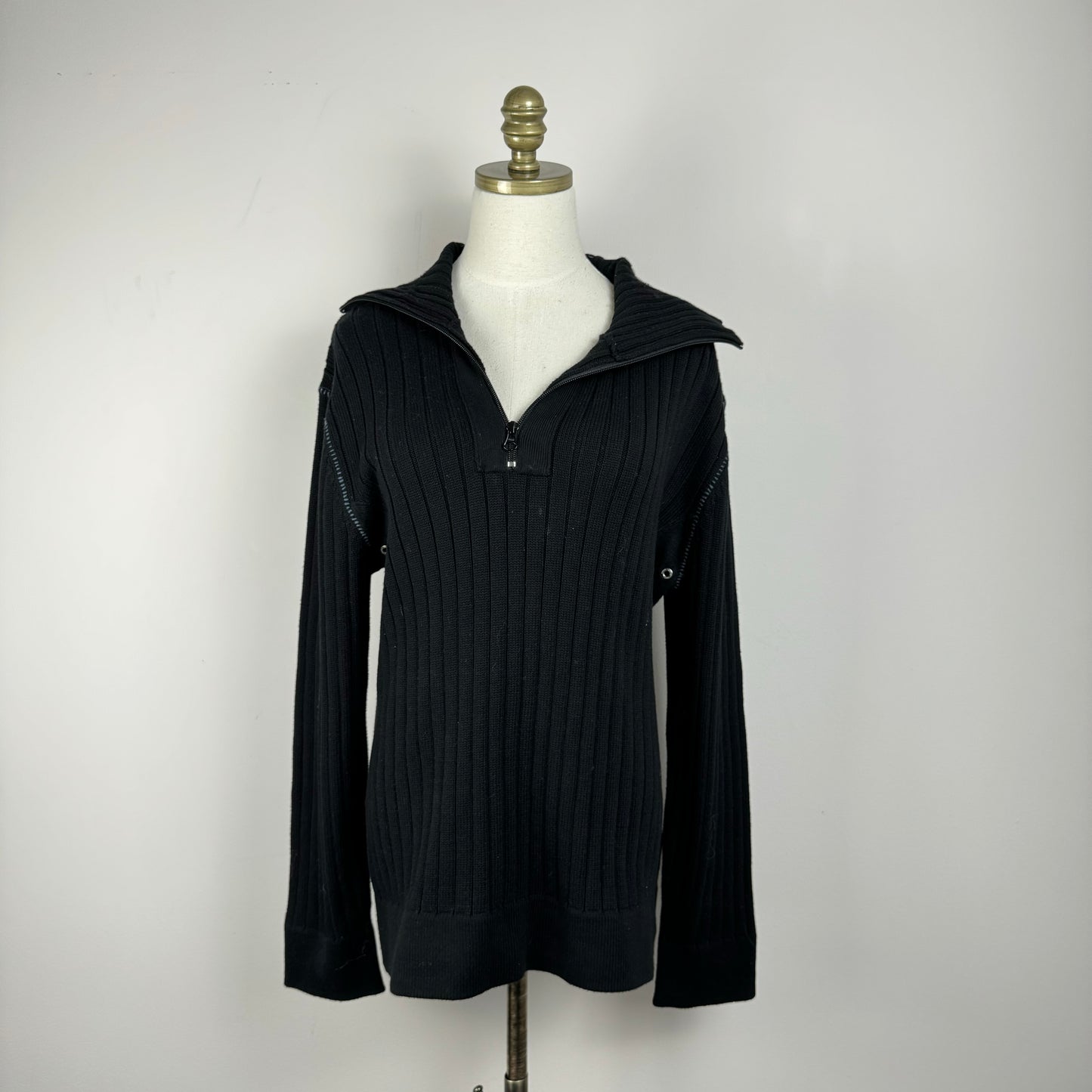 Black Oversized Ribbed Knit Quarter Zip Sweater