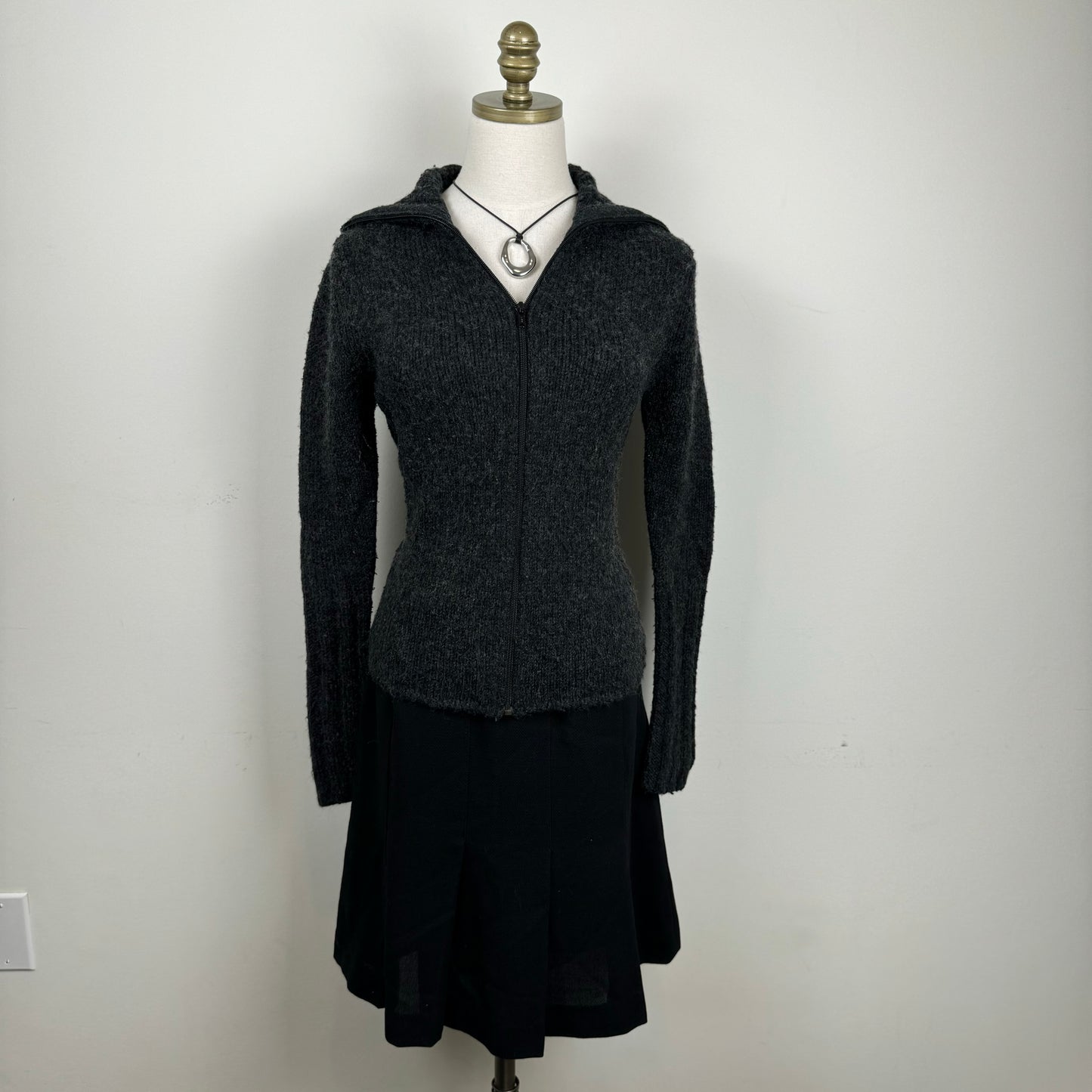 Vintage Black Wool Pleated Midi Skirt