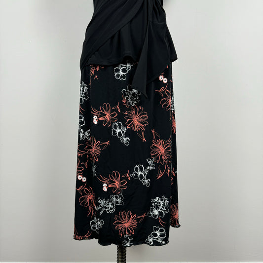 Black Floral Print Midi Skirt