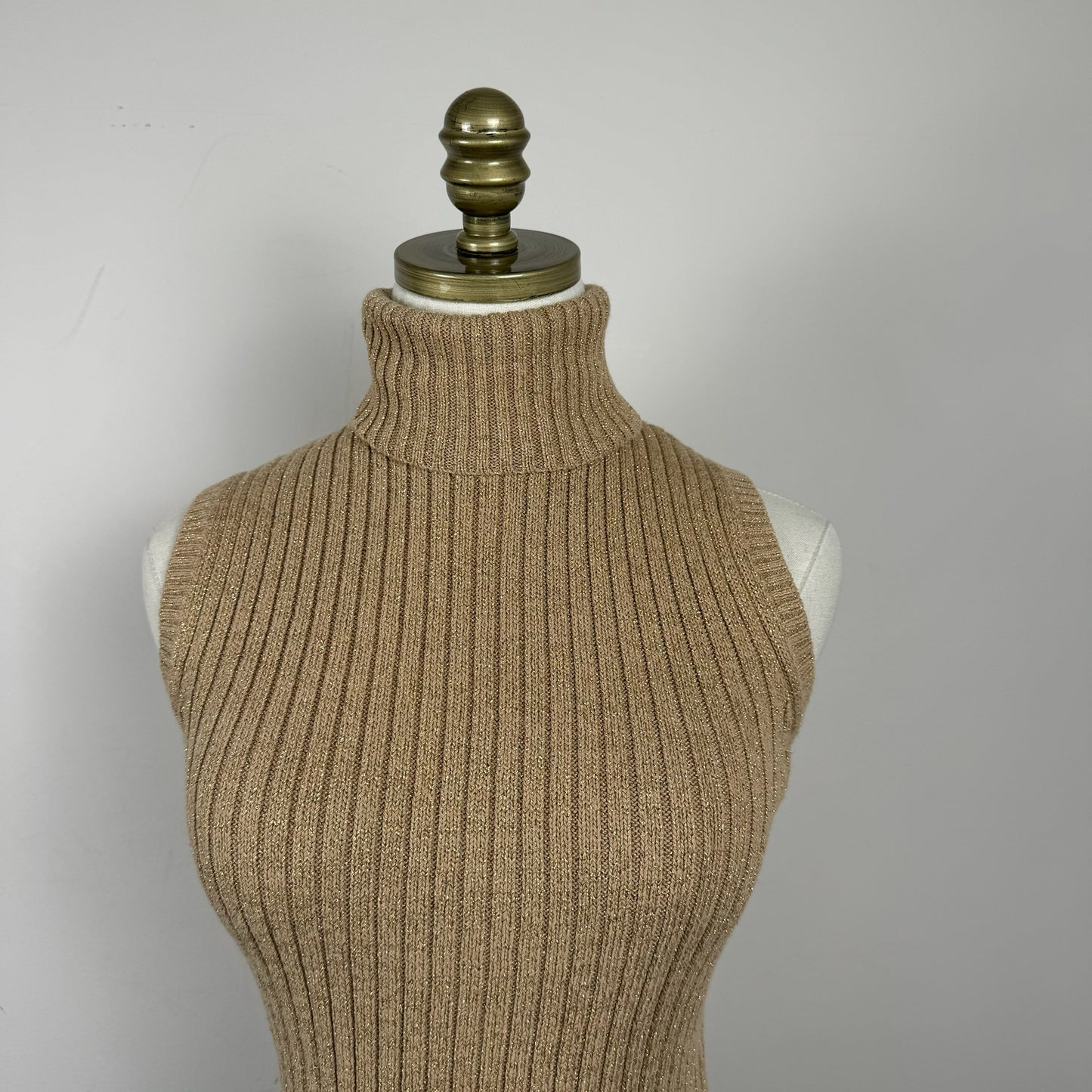 Beige Sleeveless Knit Turtleneck Top