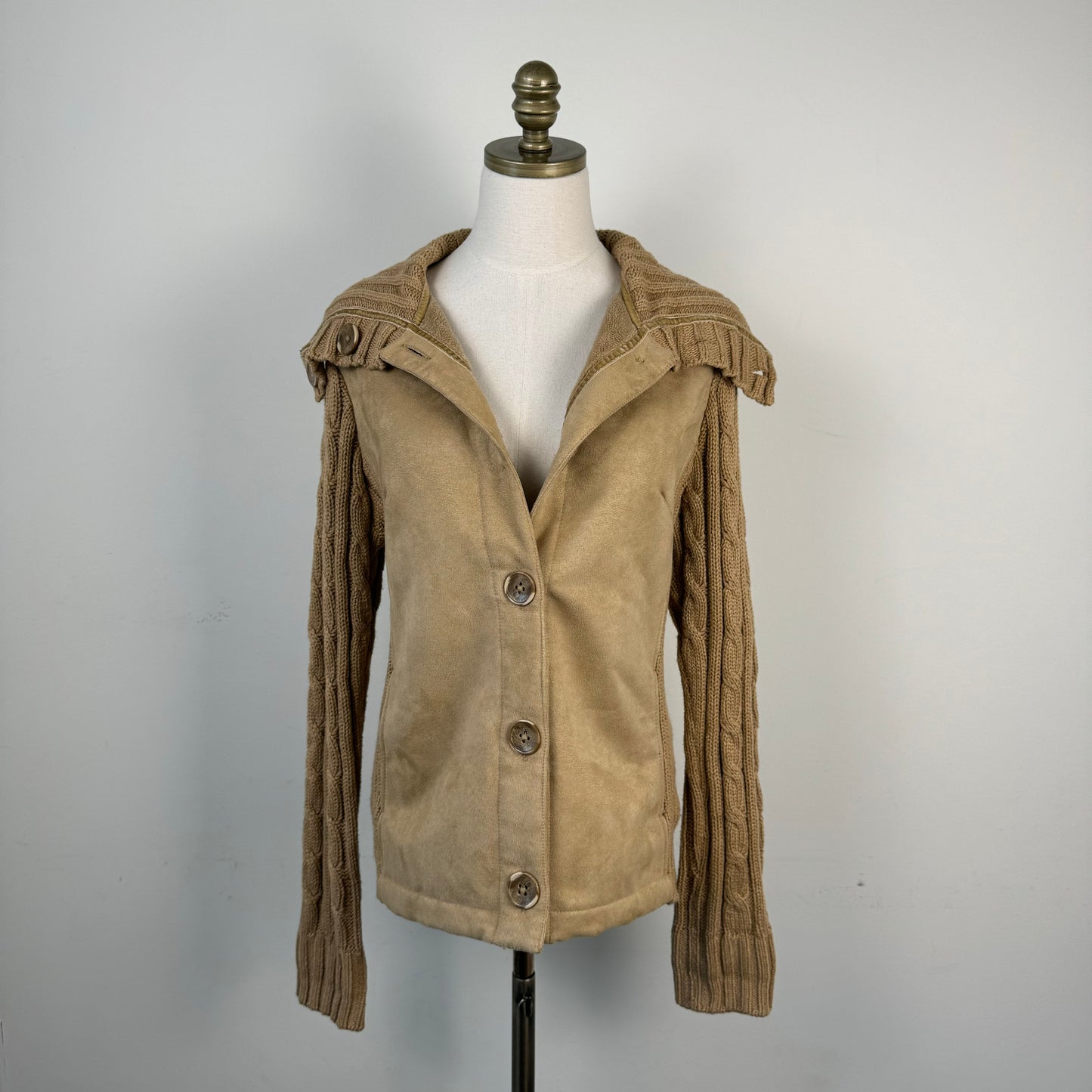 Vintage Tan Suede Cable Knit Button Up Jacket