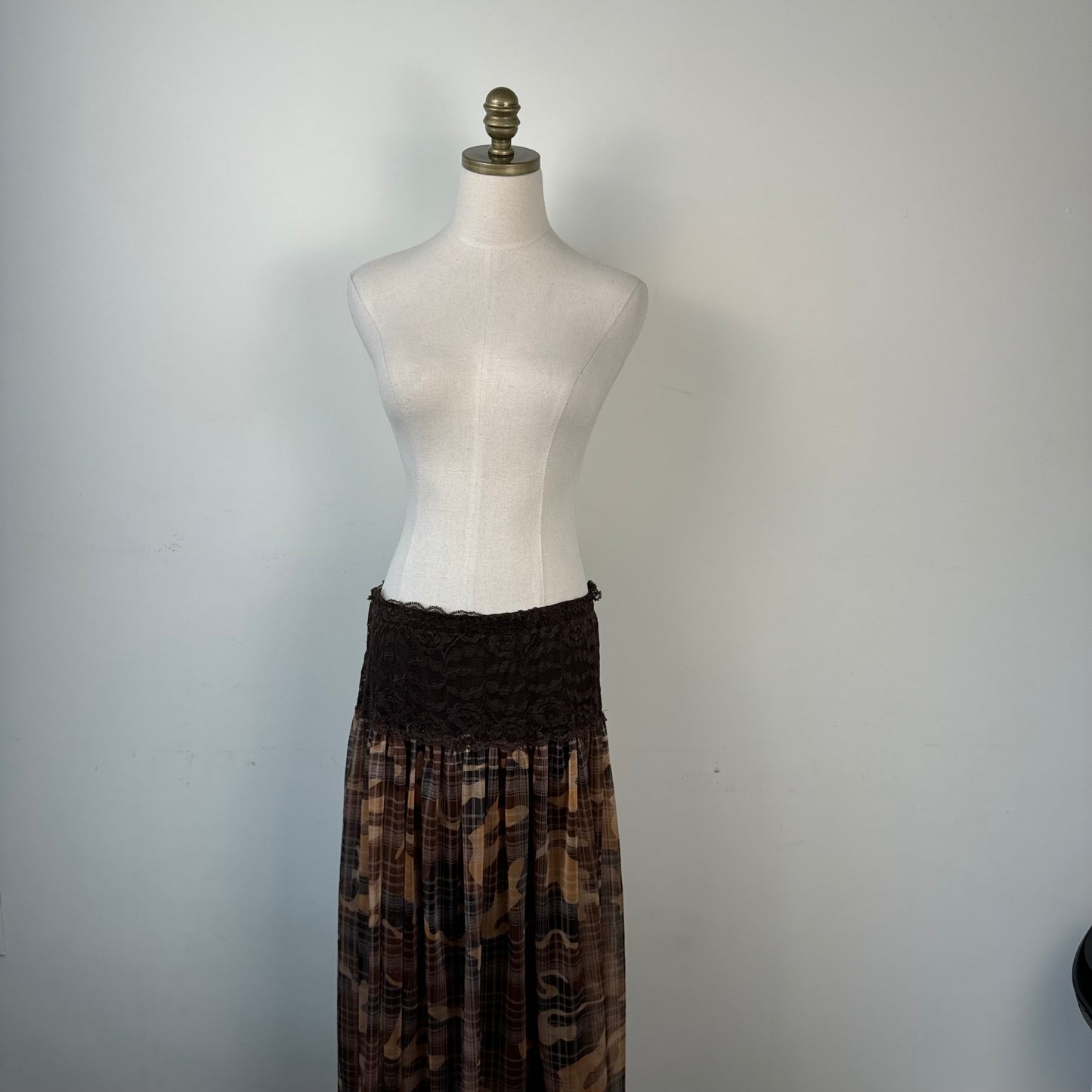 Brown Lace Trim Plaid Chiffon Maxi Skirt