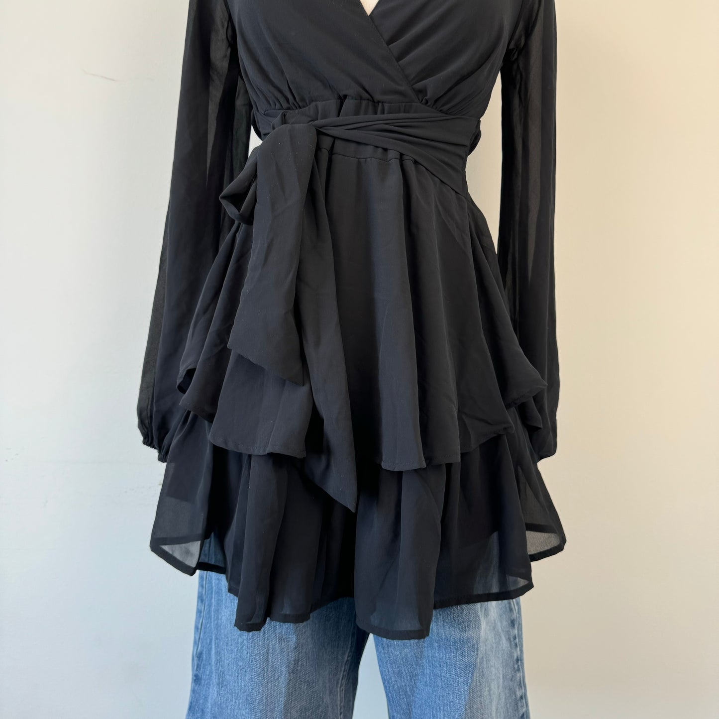 Black Chiffon Ruffled Mini Dress