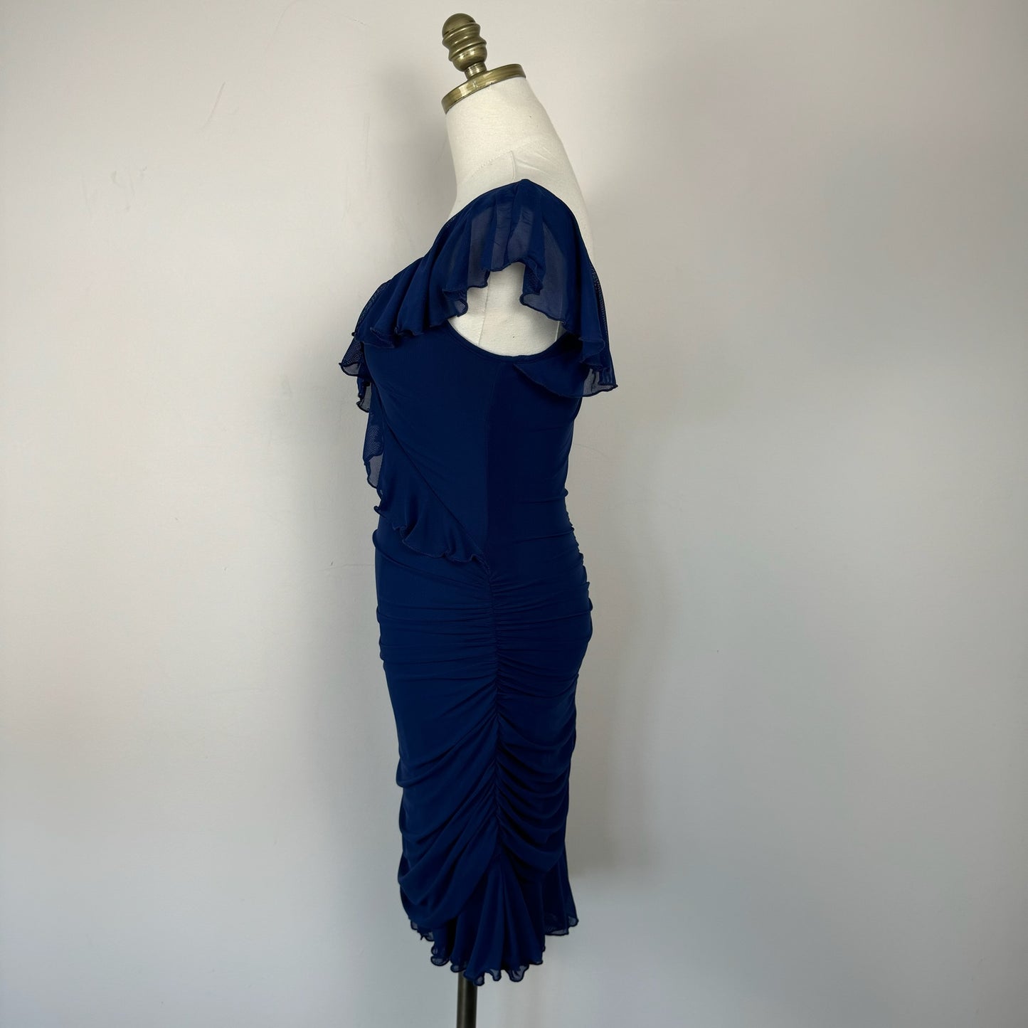 Bebe Navy Mesh Ruffled Midi Dress