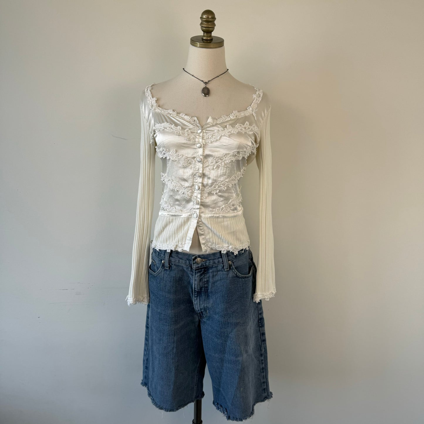 Vintage Cream Satin Button Up Top