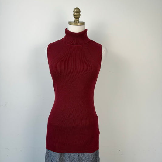 Dark Red Fitted Sleeveless Turtleneck Top