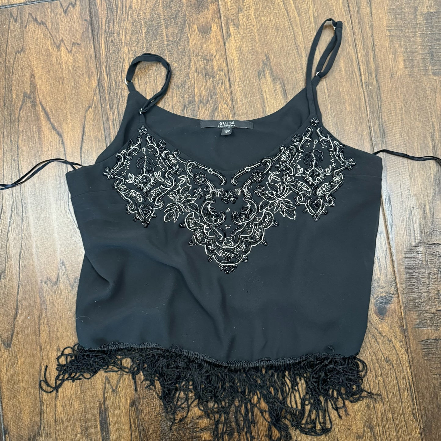 Black Beaded Sleeveless Top with Fringe