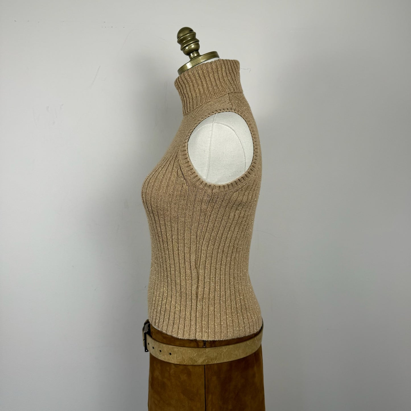 Beige Sleeveless Knit Turtleneck Top