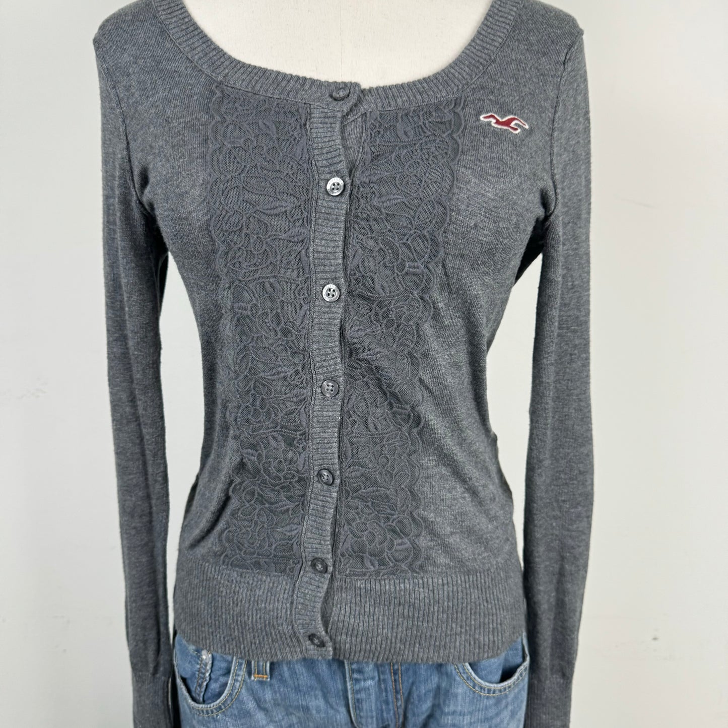 Dark Grey Lace Floral Button Up Cardigan