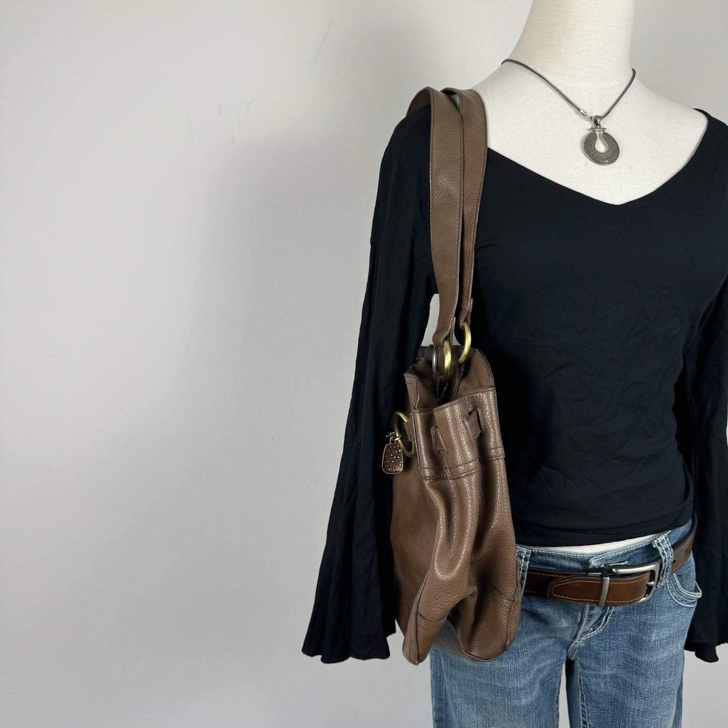 Boho Brown Gold Buckle Leather Shoulder bag.