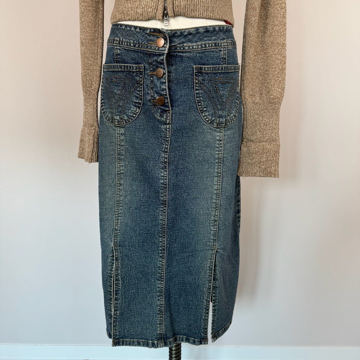 Vintage Faded Denim Midi Skirt