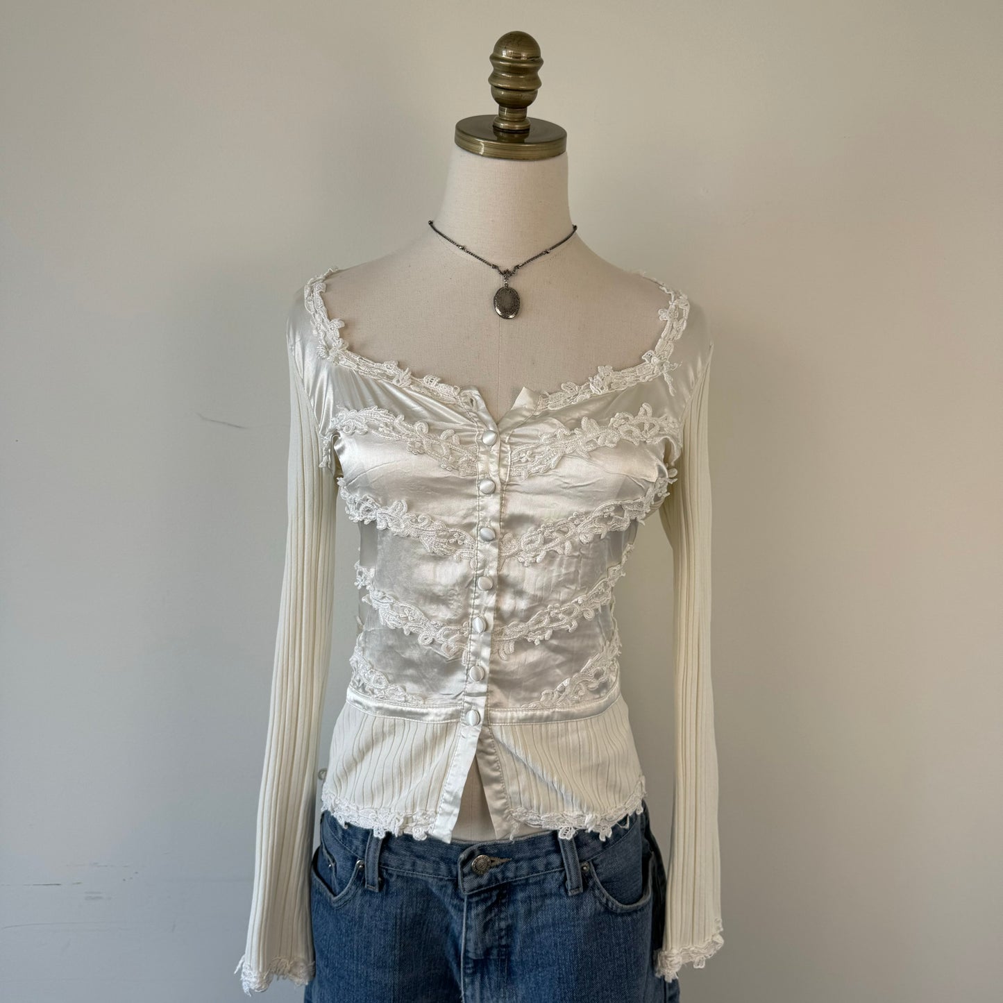 Vintage Cream Satin Button Up Top