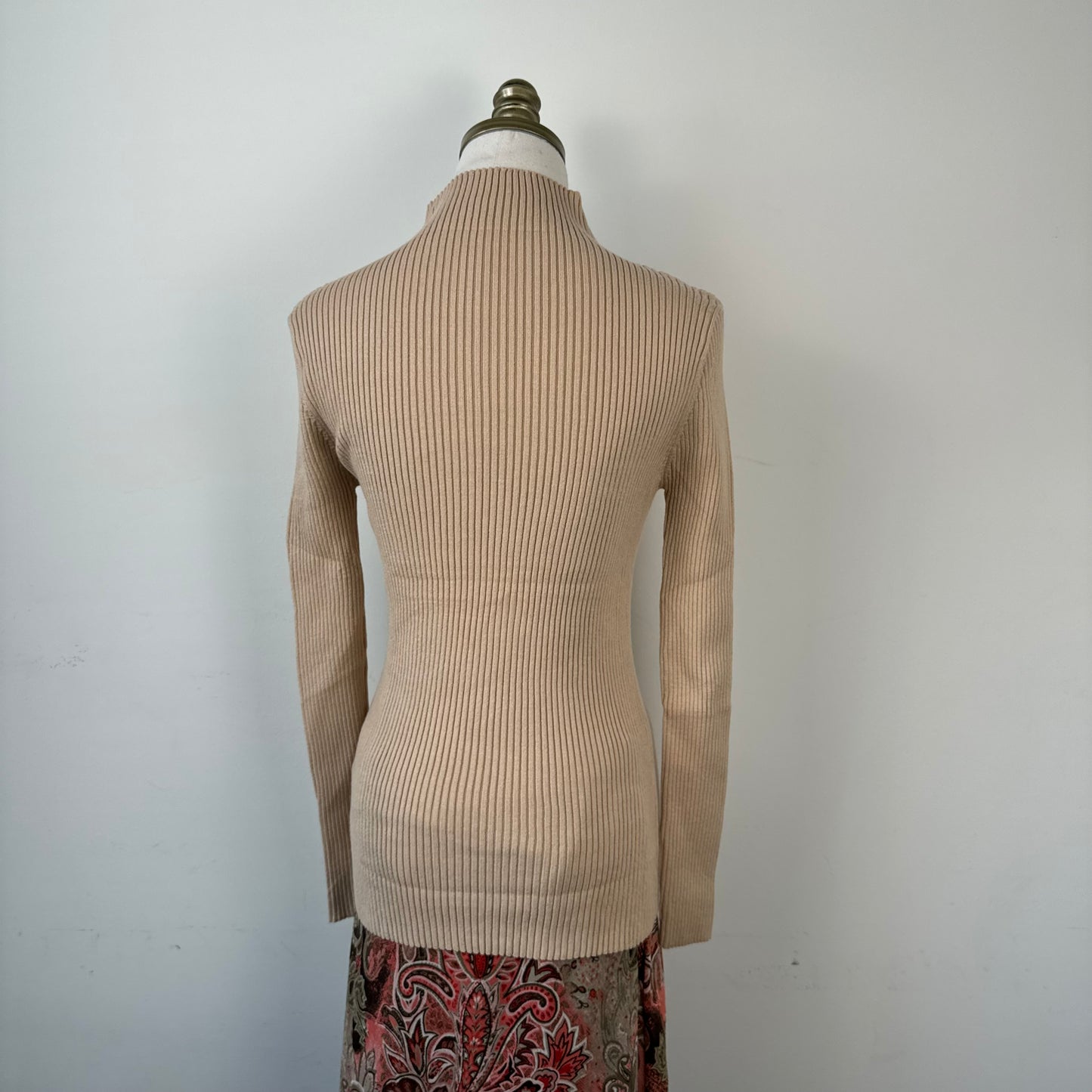 Fitted Beige Long Sleeve Mock Neck Sweater