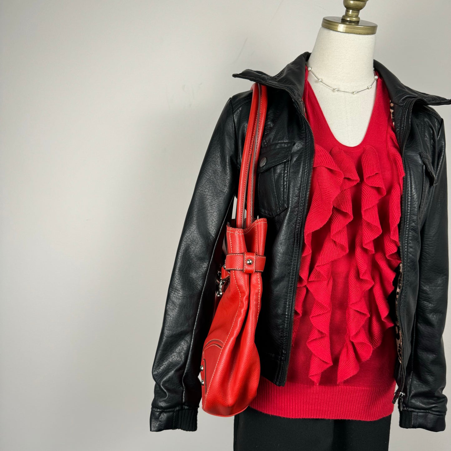 Red Leather Silver Buckle Shoulder Bag