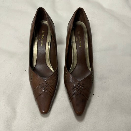 Brown Pointed Toe Gold Studded Kitten Heels (US 6)