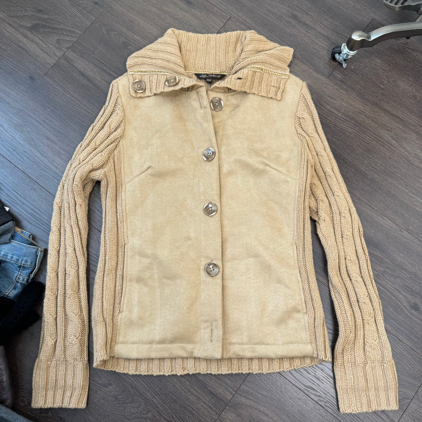 Vintage Tan Suede Cable Knit Button Up Jacket