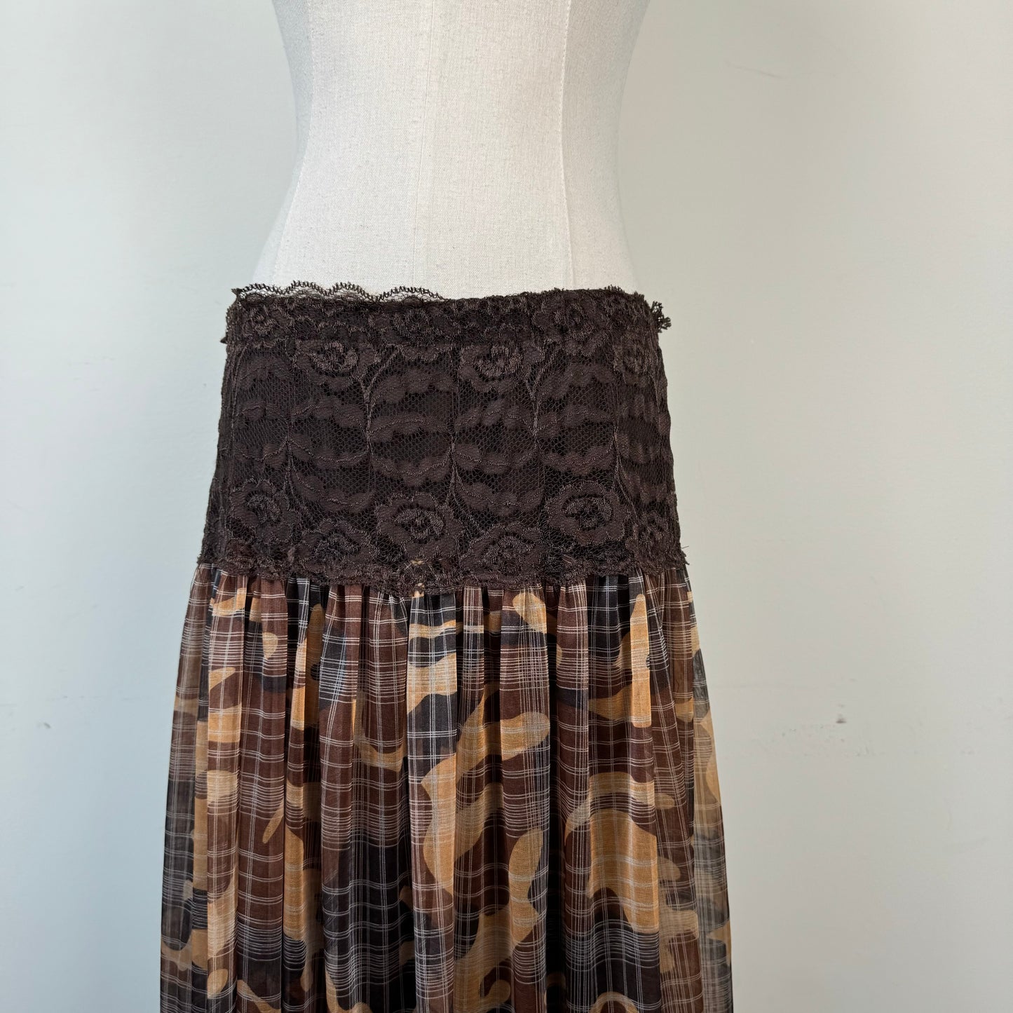Brown Lace Trim Plaid Chiffon Maxi Skirt