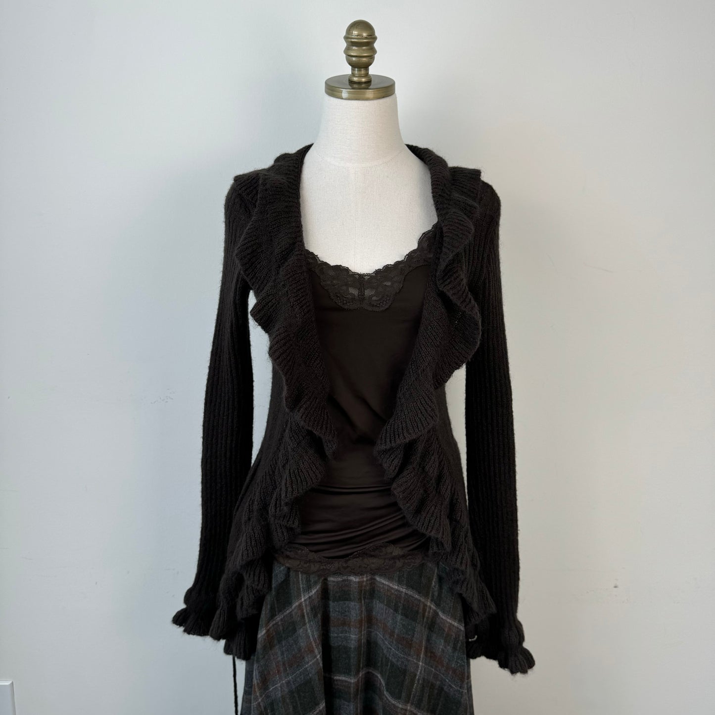 Brown Ruffled Open Front Tie Up Cardigan