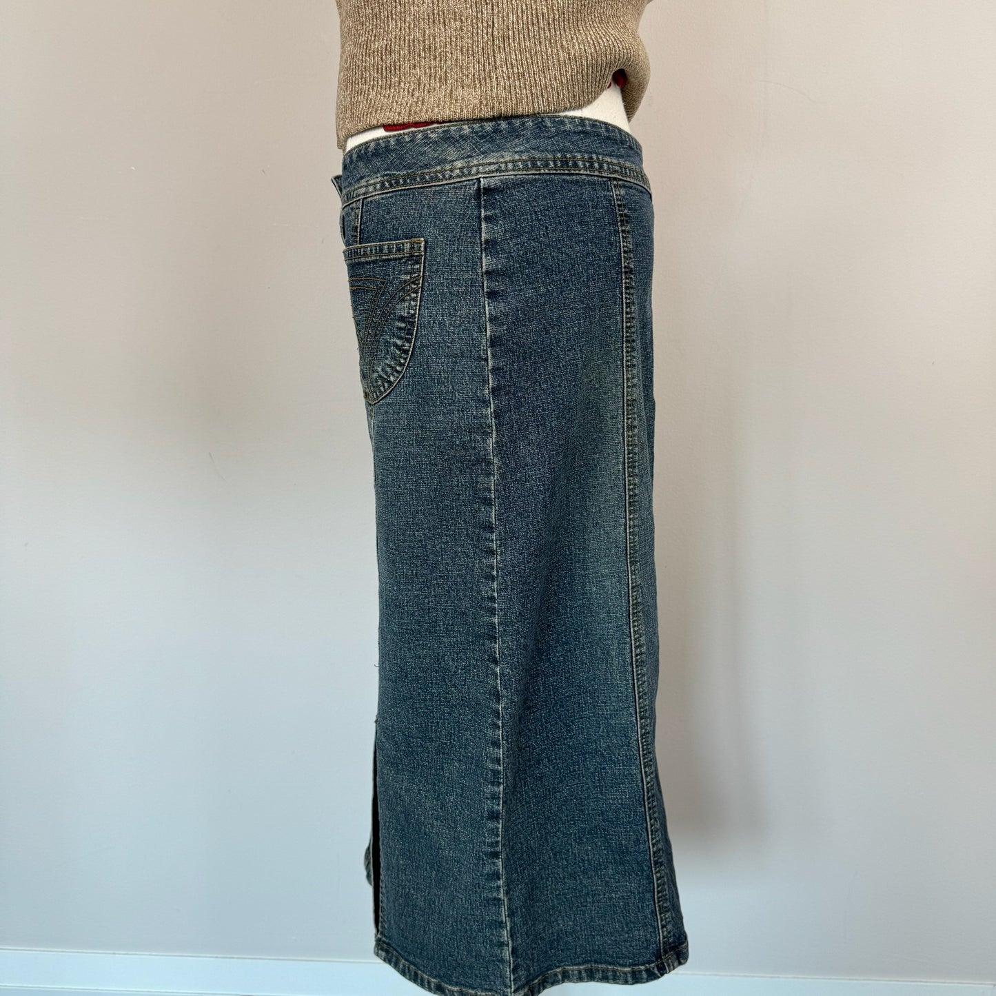 Vintage Faded Denim Midi Skirt