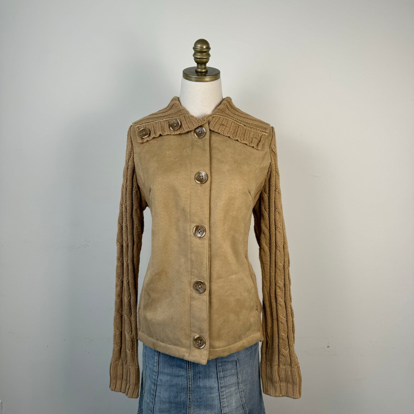 Vintage Tan Suede Cable Knit Button Up Jacket