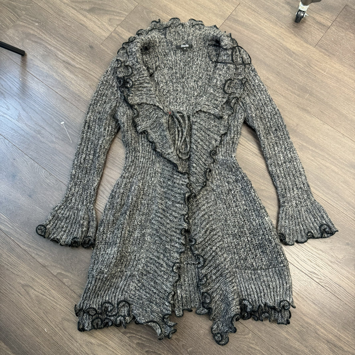 Grey Knit Open Front Tie Up Bell Sleeve Cardigan with Lettuce Trim – view 7