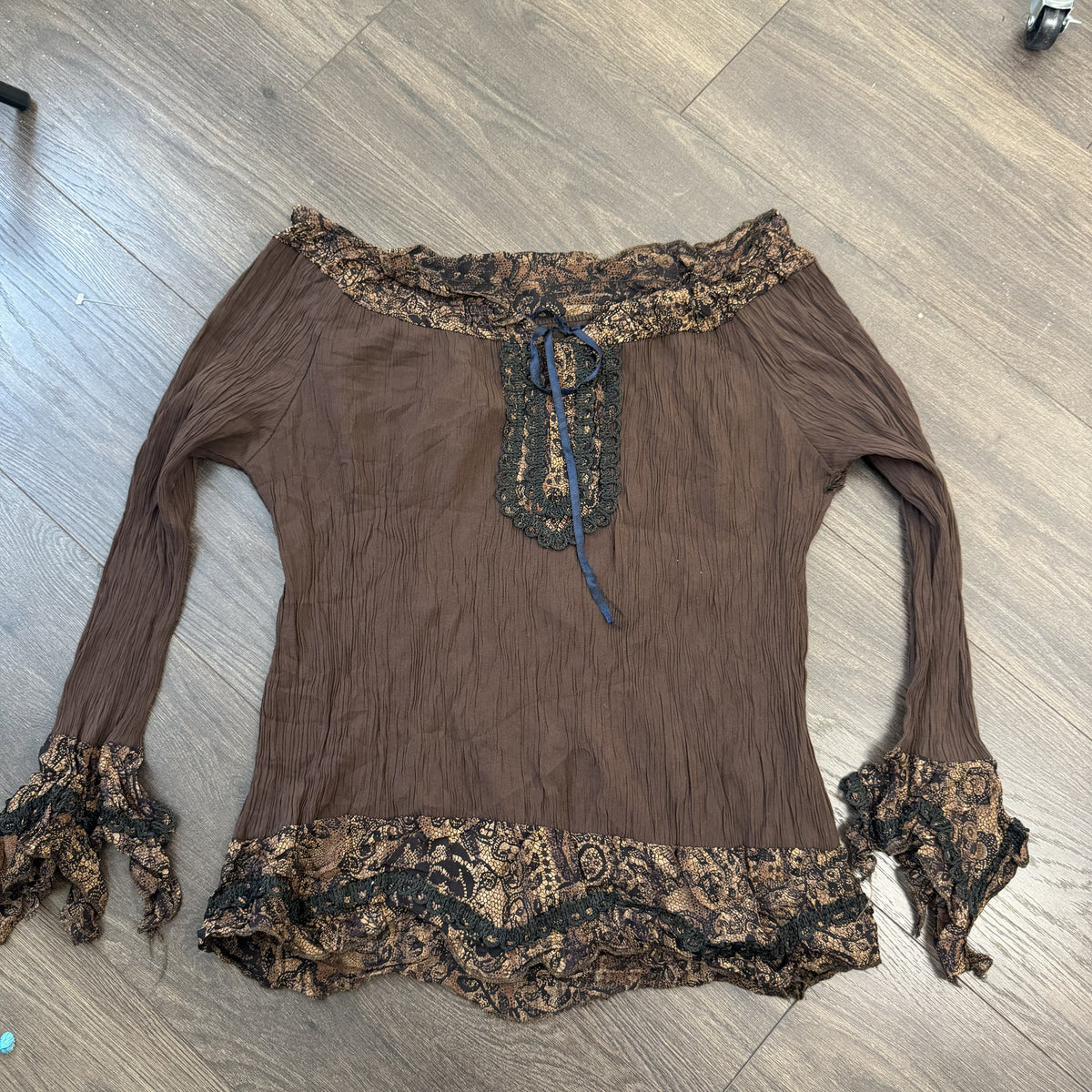 Vintage Brown Off Shoulder Bell Sleeve Tie-Up Fairy Top – view 9