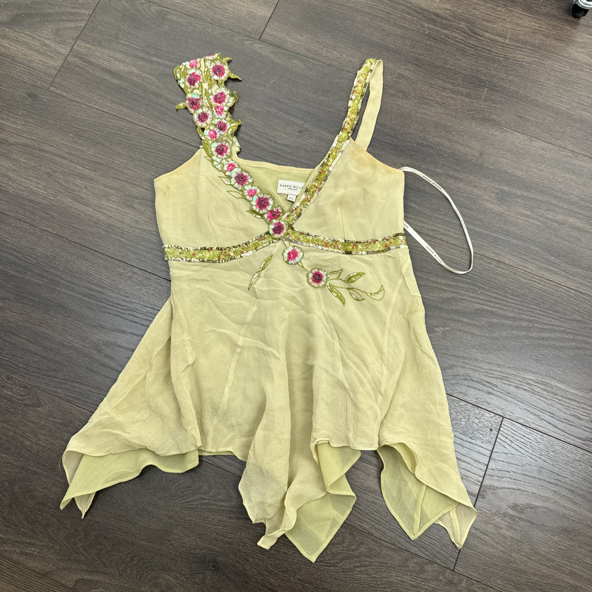 Y2K Karen Millen Green Chiffon Beaded Babydoll Cami – view 10