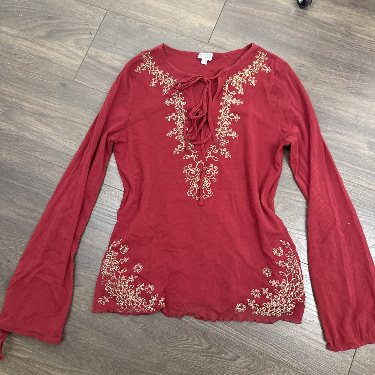 Vintage Etam Dark Red Mesh Bell Sleeve Top with Beaded Asian Design – view 8