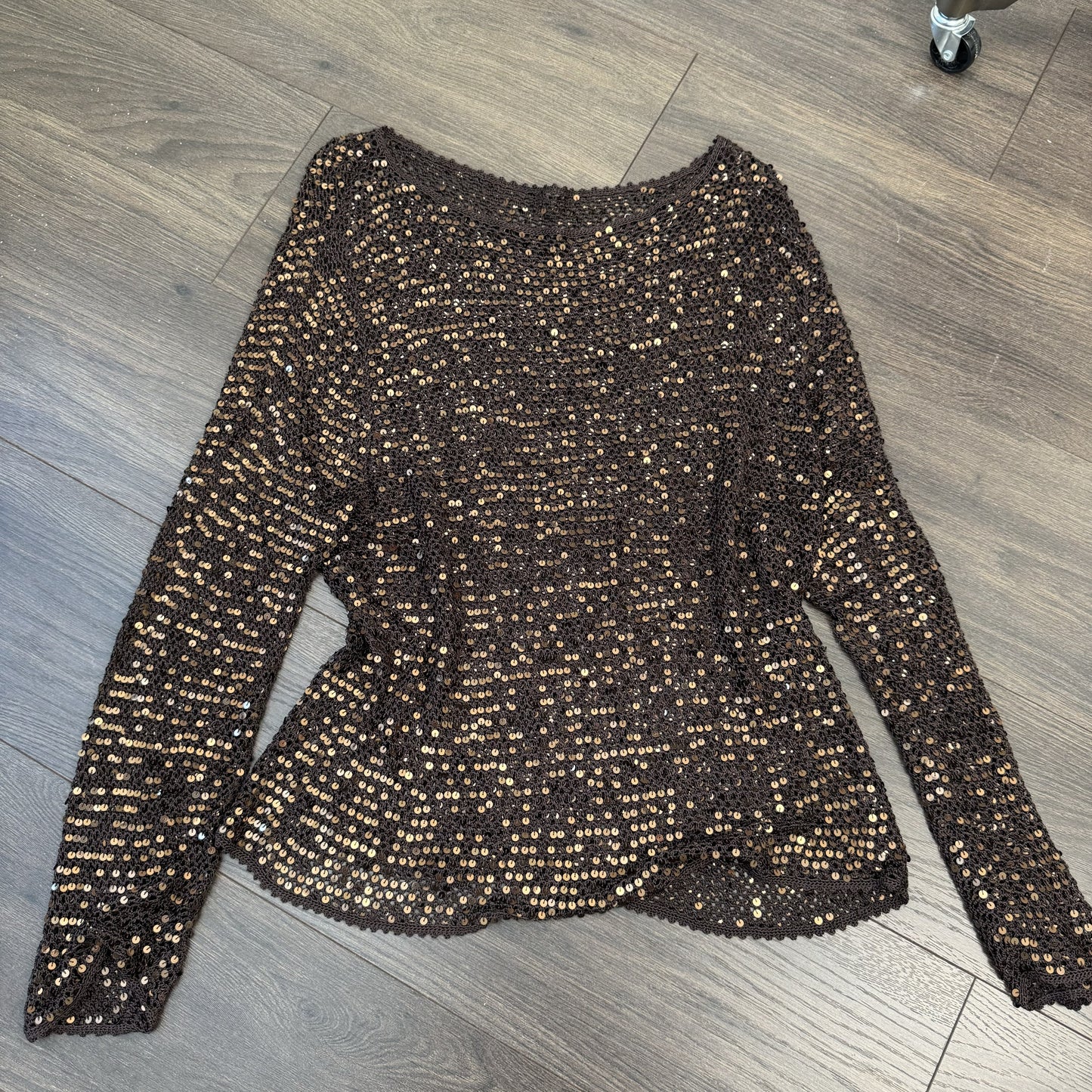 Vintage Brown Sequin Open Knit Off Shoulder Sweater – view 9