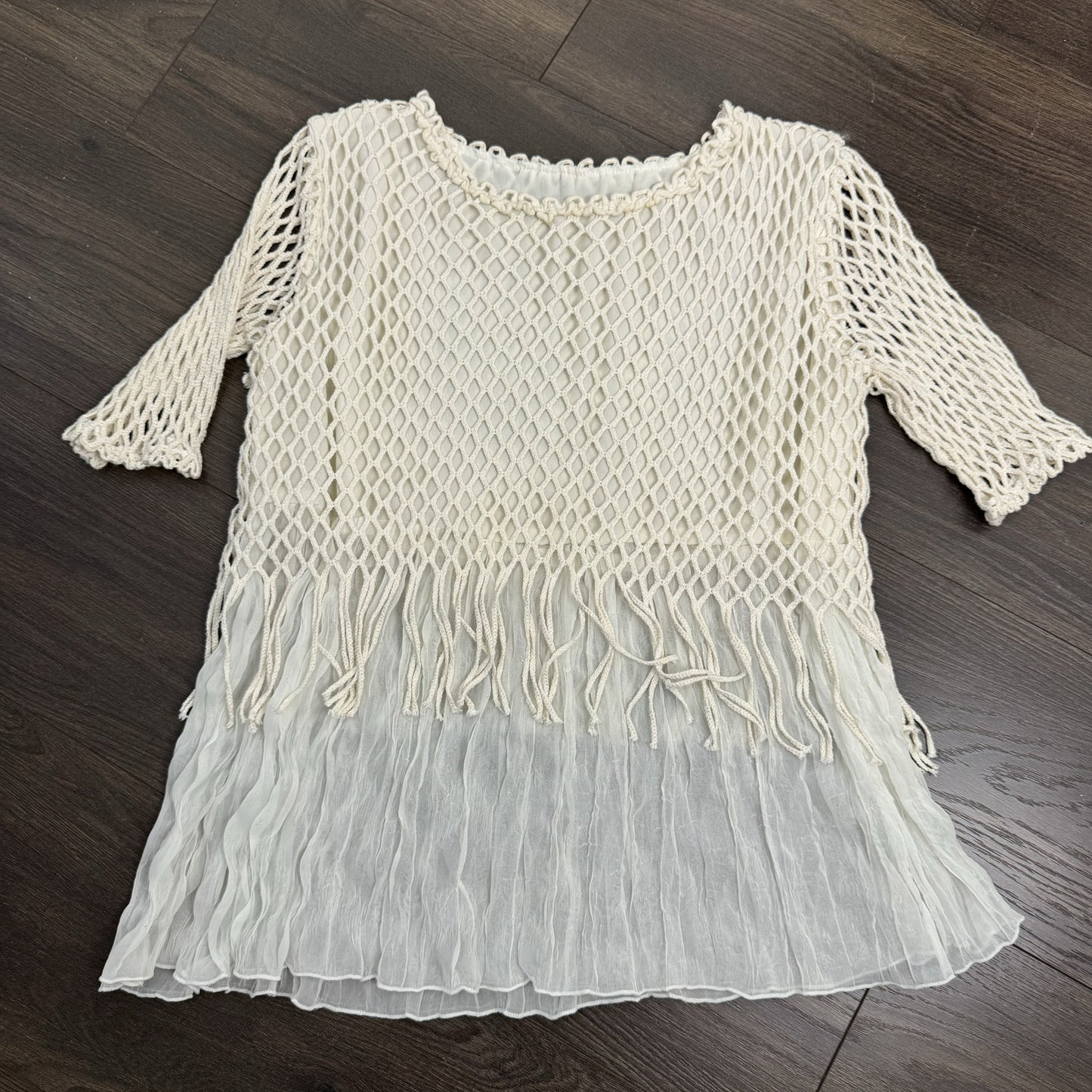 Cream Crochet Chiffon Fringe Short Sleeve Top – view 7