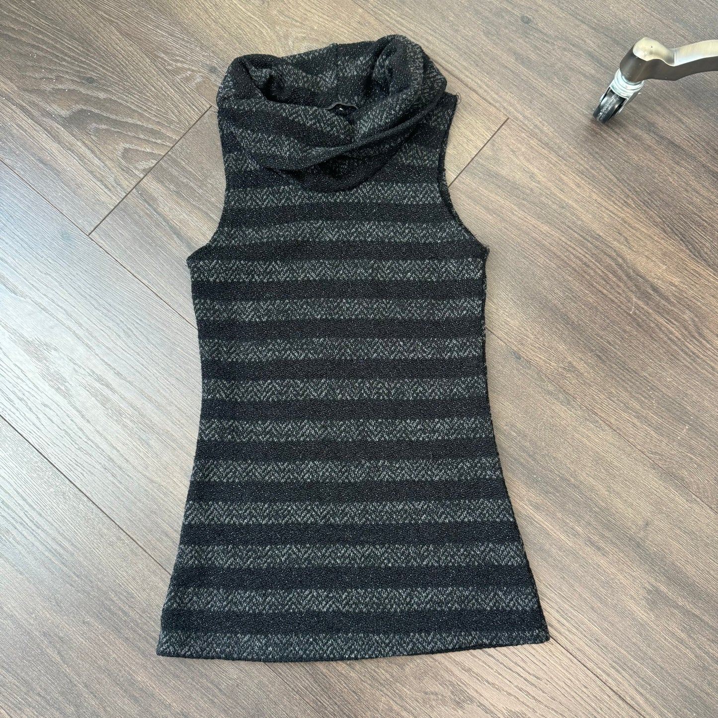 Black and Grey Striped Sleeveless Knit Turtleneck Top
