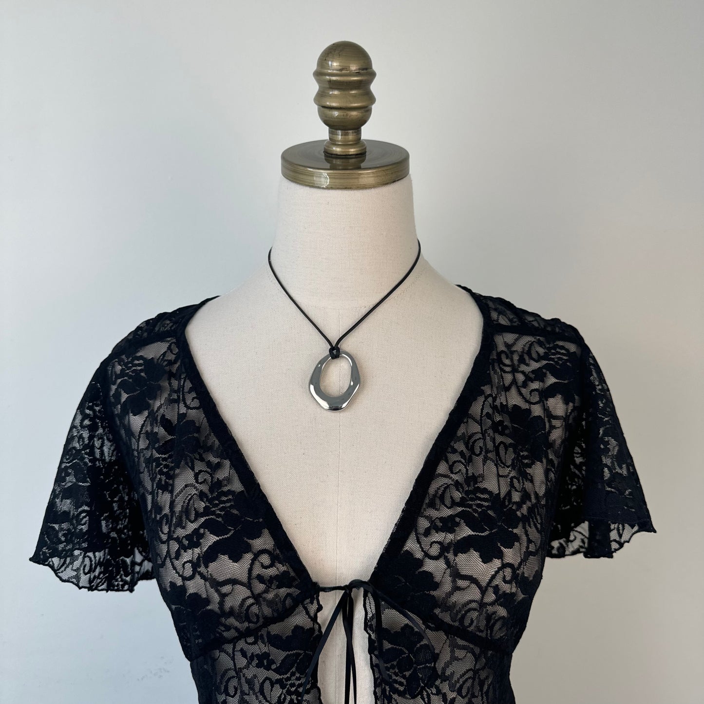 Black Semi Sheer Lace Short Sleeve Tie Up Top