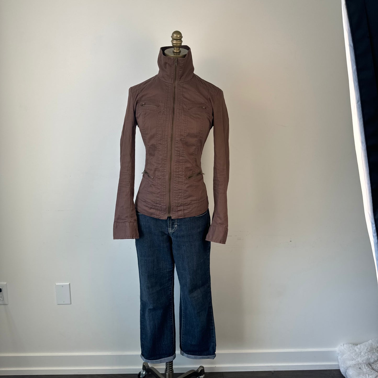 Brown Fitted Moto Zip Up Utility Jacket