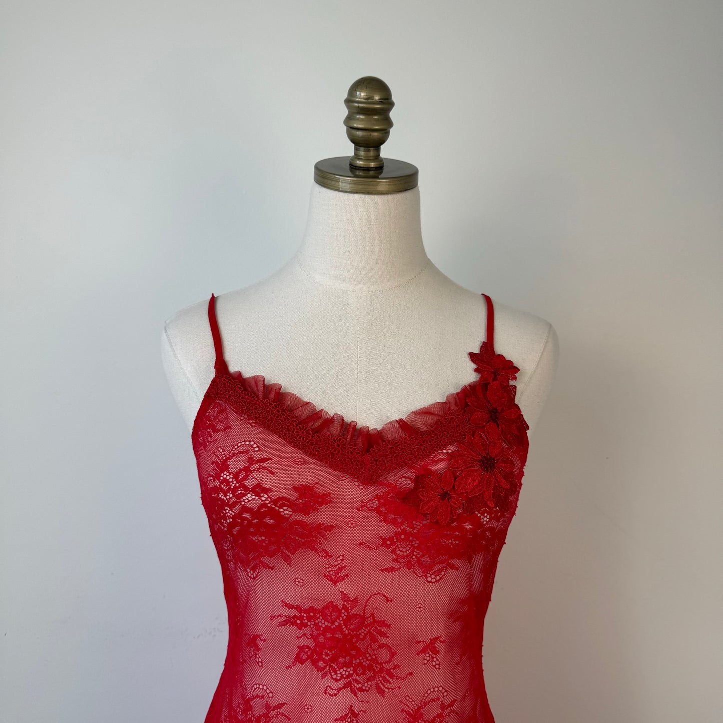 Red Semi Sheer Mesh Floral Embroidered Mini Slip Dress
