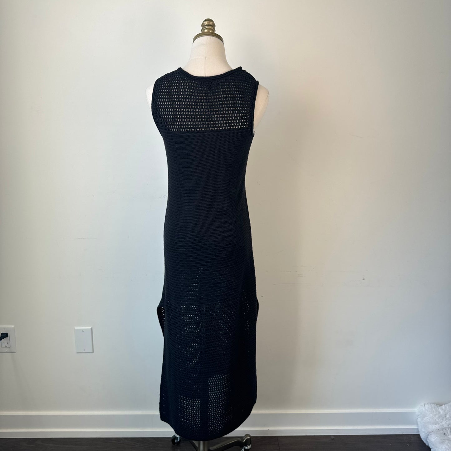 Black Cotton Open Knit Slit Midi Maxi Dress
