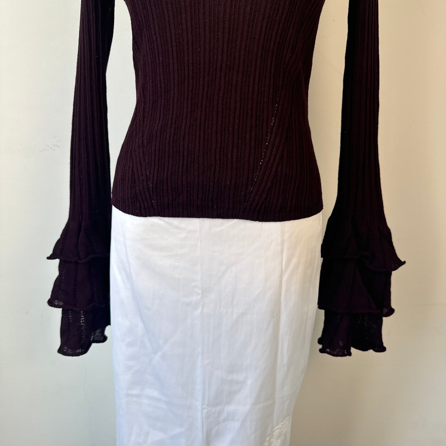 Burgundy Knit Ruffled Bell Sleeve Fitted Top