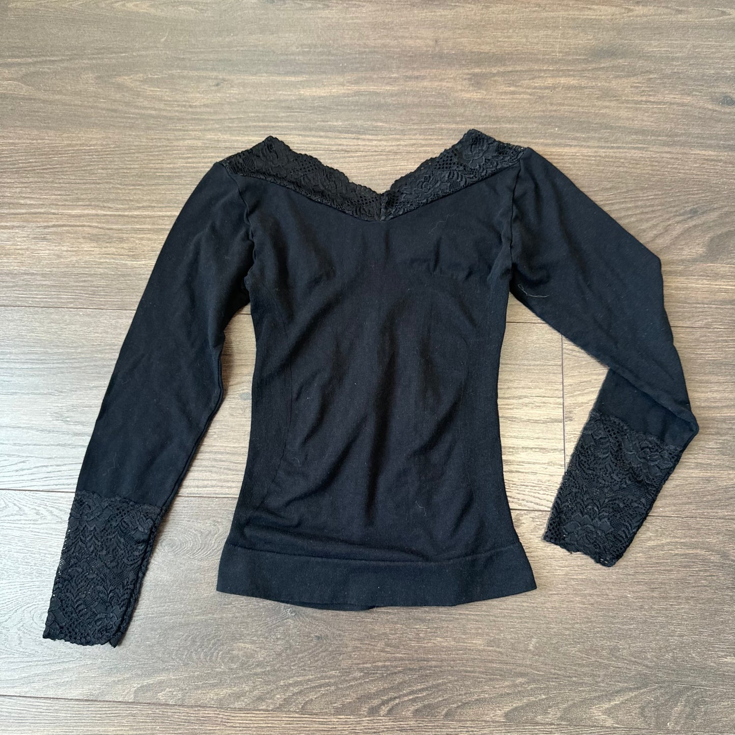 Black Fitted Lace Trim Off Shoulder Knit Long Sleeve Top