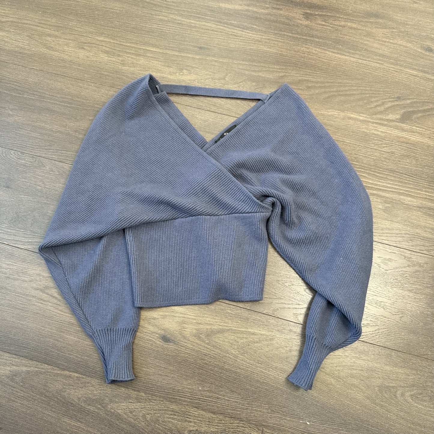 Love Tree Pigeon Blue Off Shoulder Cinched Dolman Wrap Sweater Top – view 8