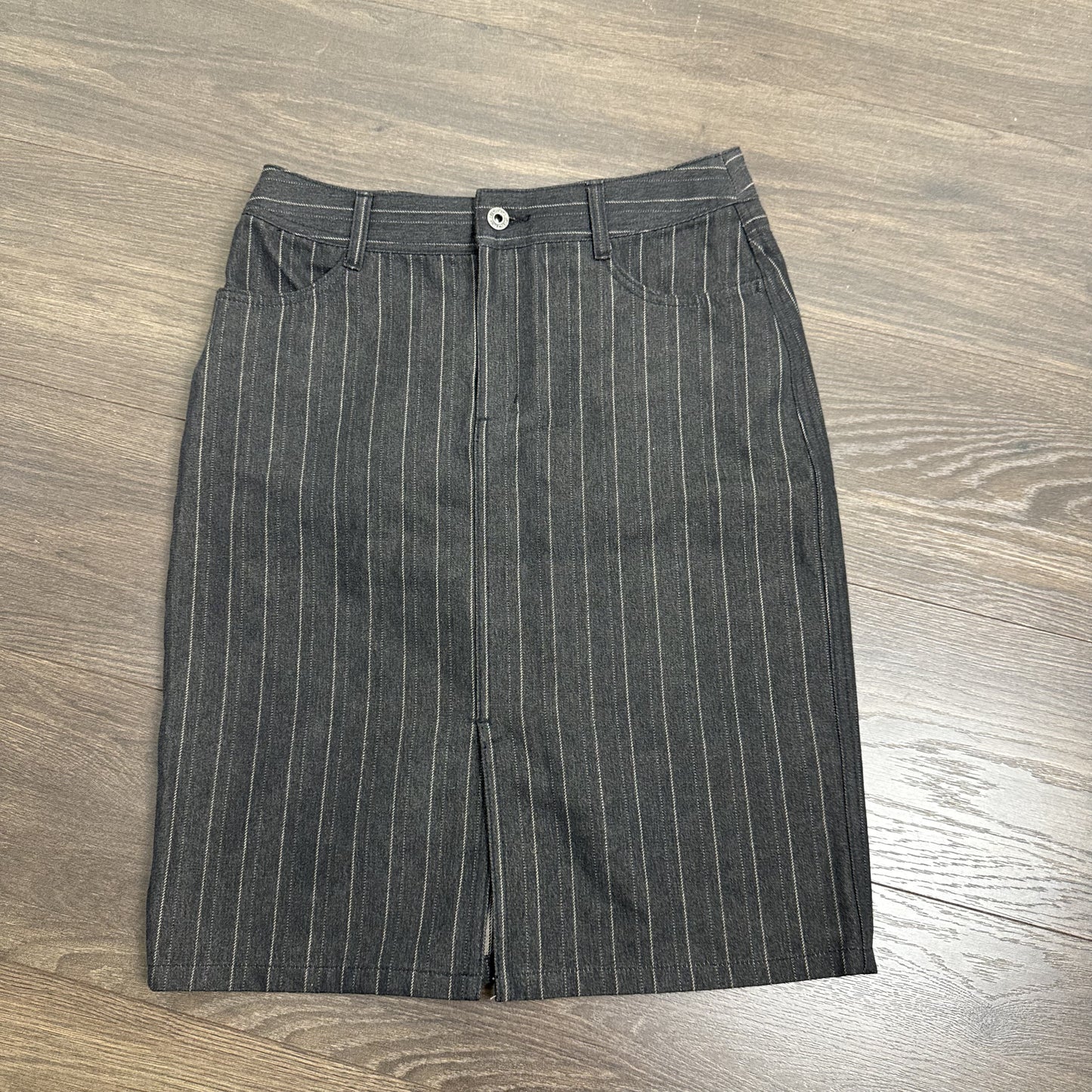 Vintage Alfred Sung Black Pinstripe Denim Midi Skirt – view 7