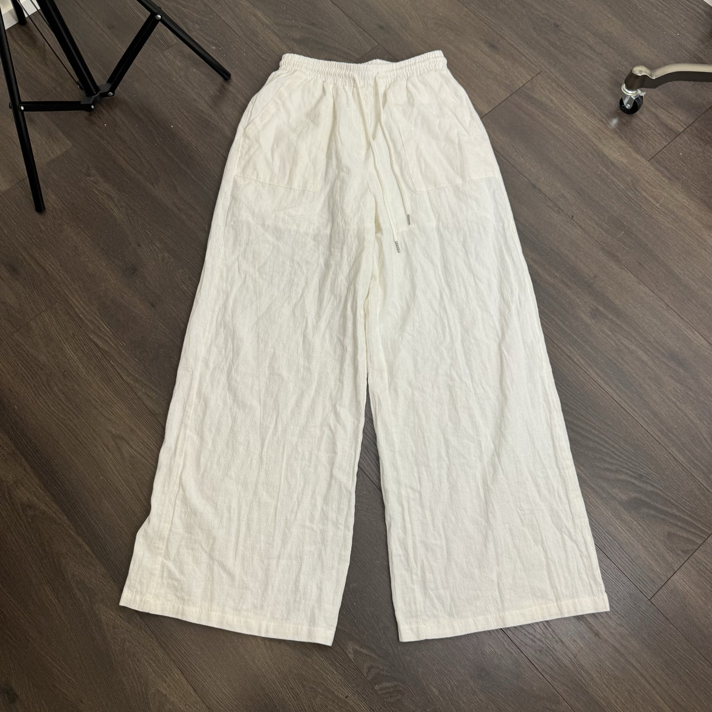 Cream Linen Blend Flared Trousers Drawstring Waist – view 5
