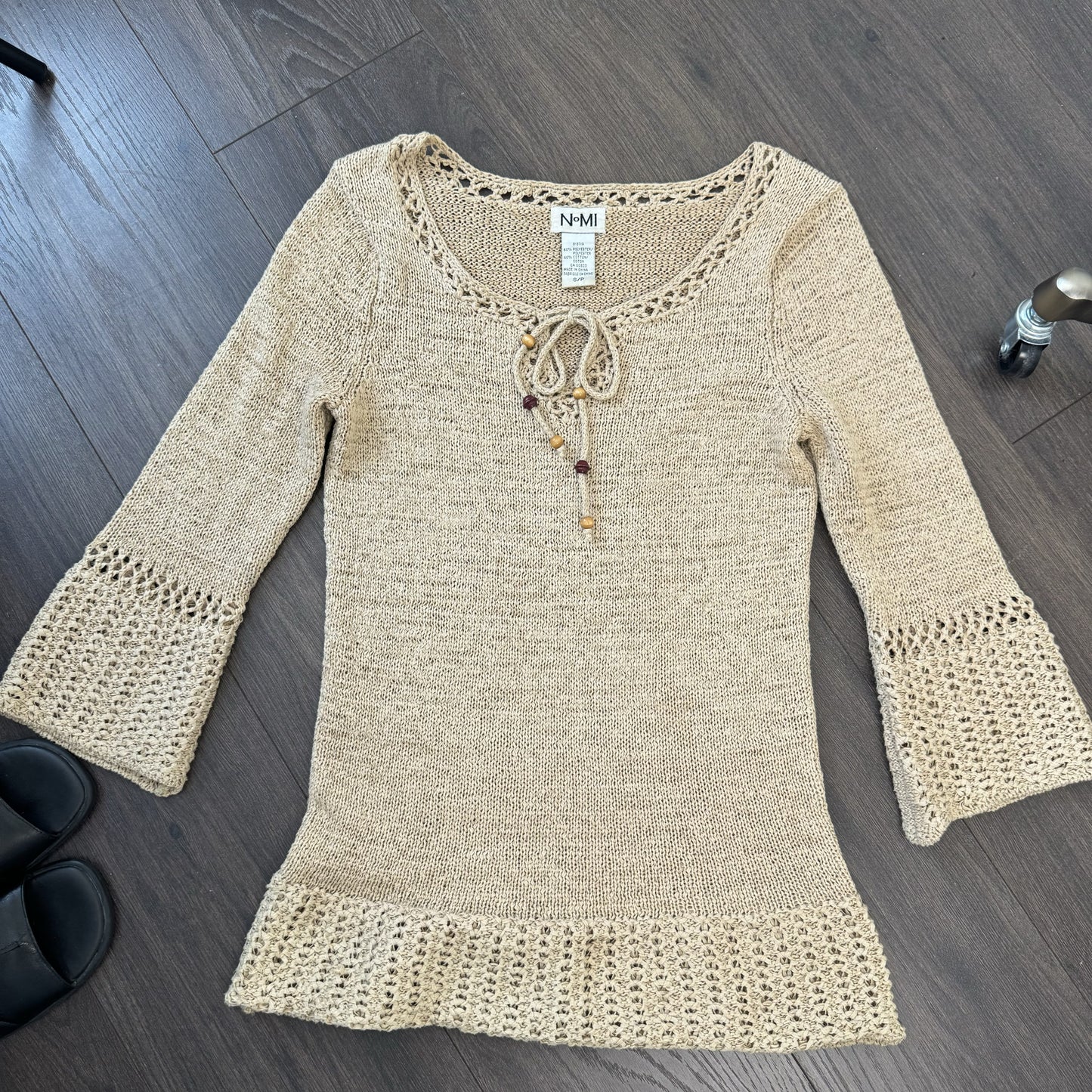 Vintage Boho Knit Top with Tie-Up Neckline and Beaded Details – view 8