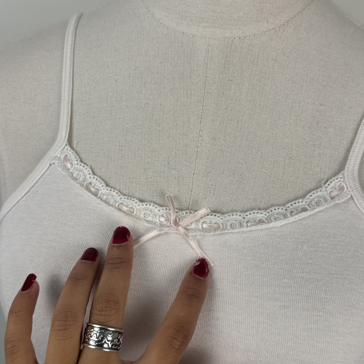 Vintage Cream Knit Tank Top with Pink Ribbon Trim – view 5
