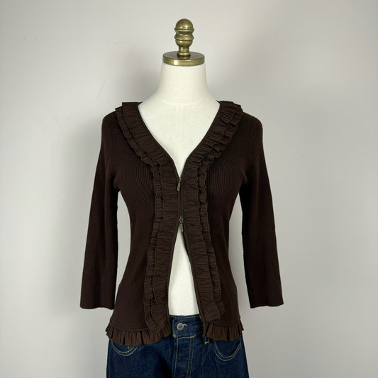 Vintage Brown Double Zip Ruffled Top