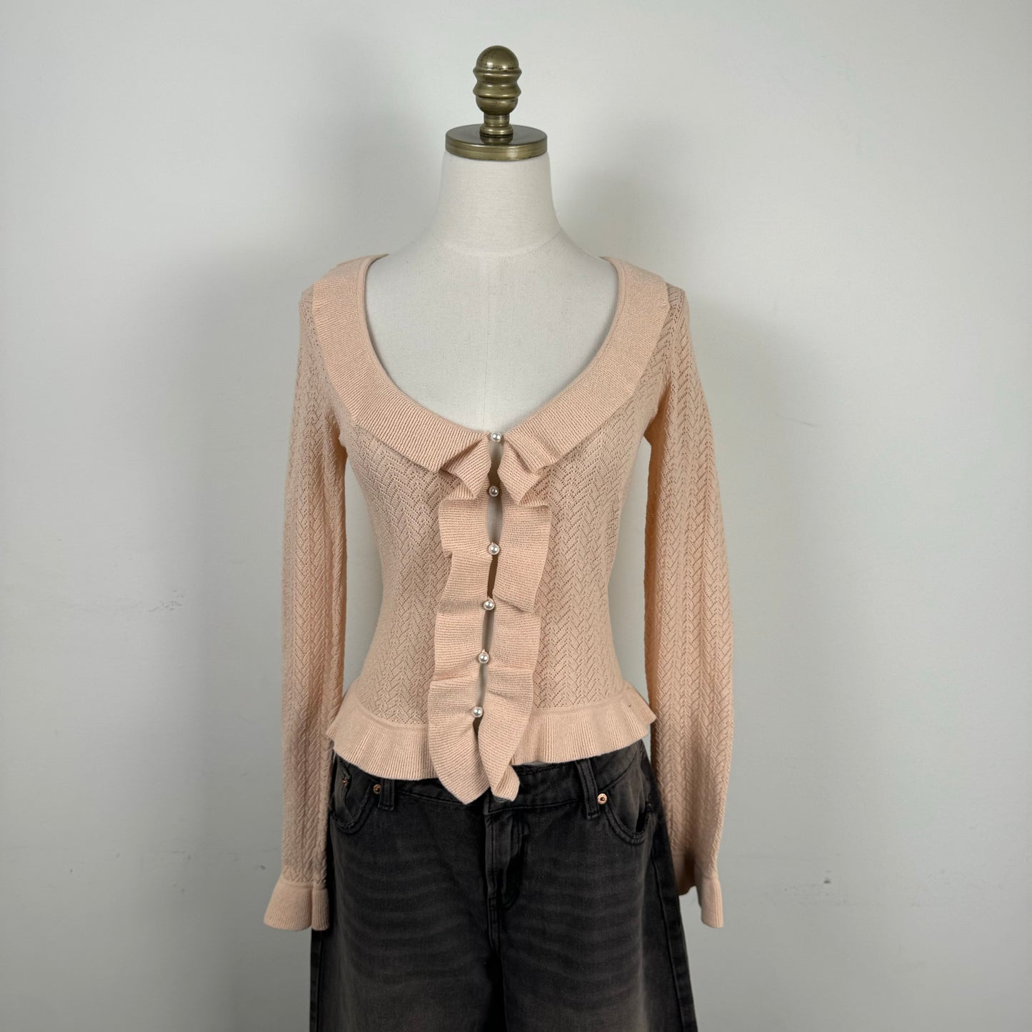 Pink Ruffled Open Knit Long Sleeve Top