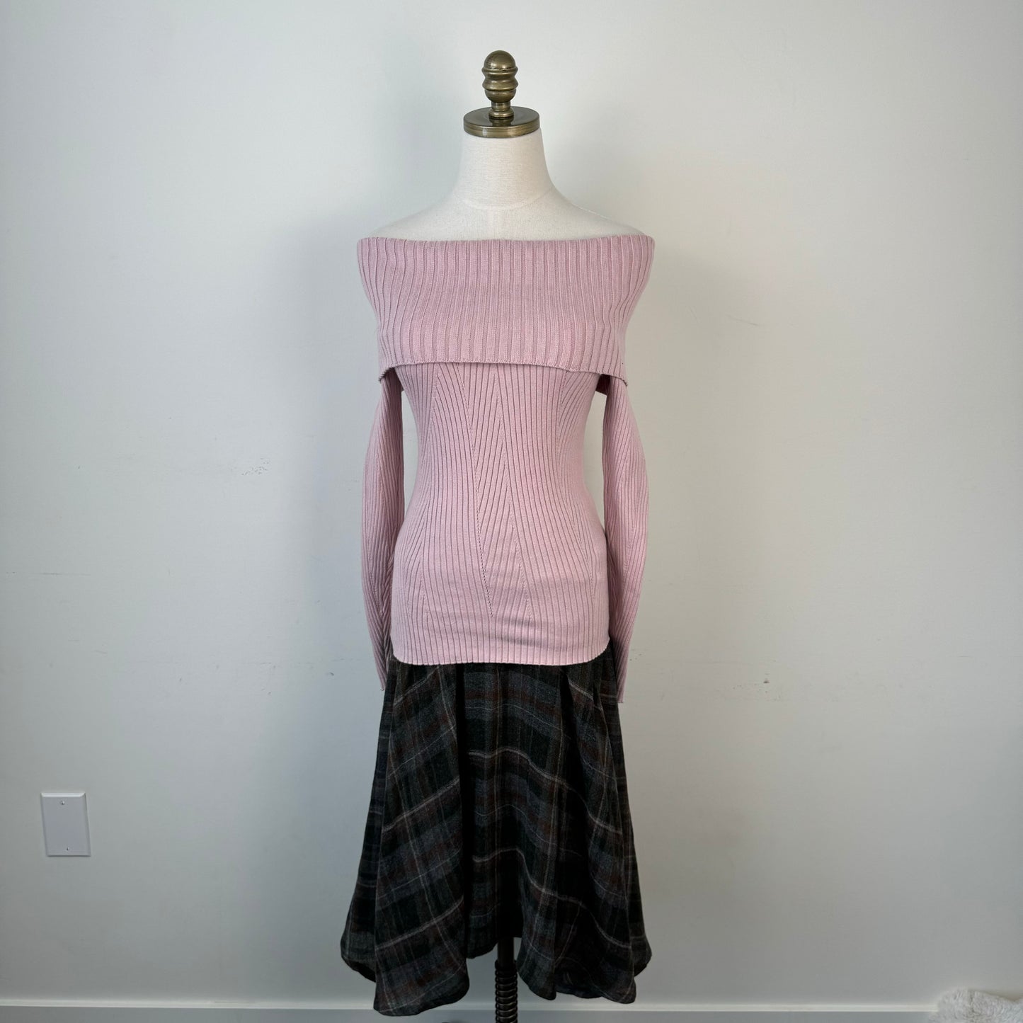 Powder Pink Fitted Off Shoulder Sweater