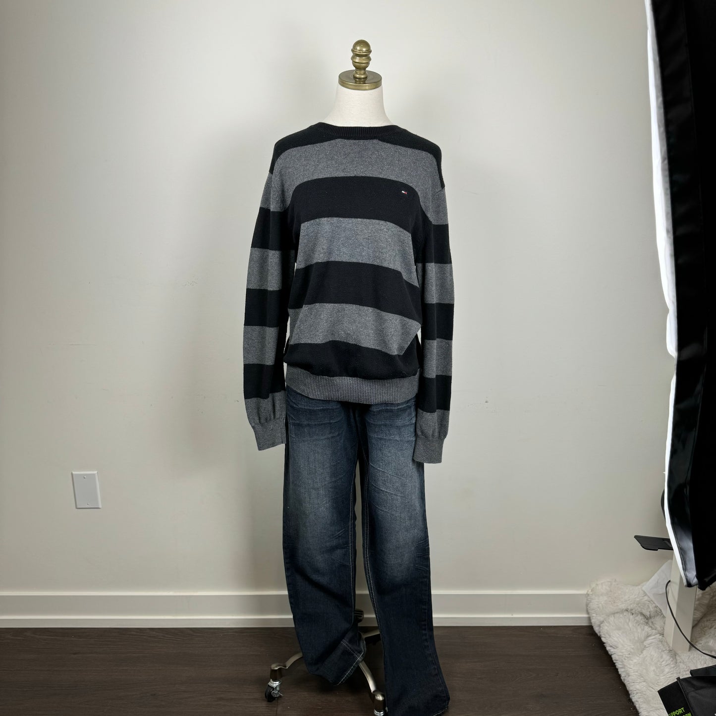 Tommy Black and Grey Striped Crewneck Sweater