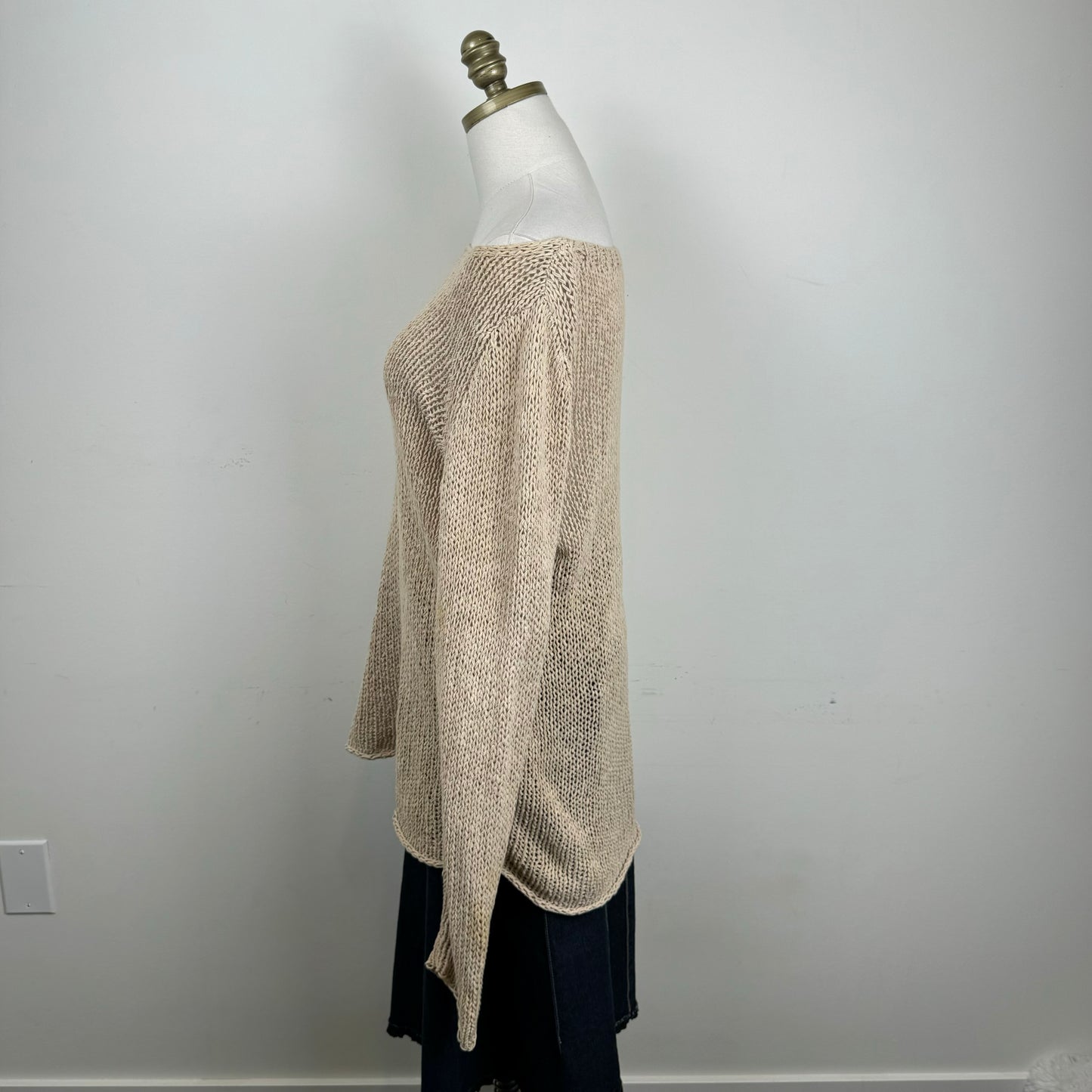 Beige Off Shoulder Loose Knit Crochet Sweater