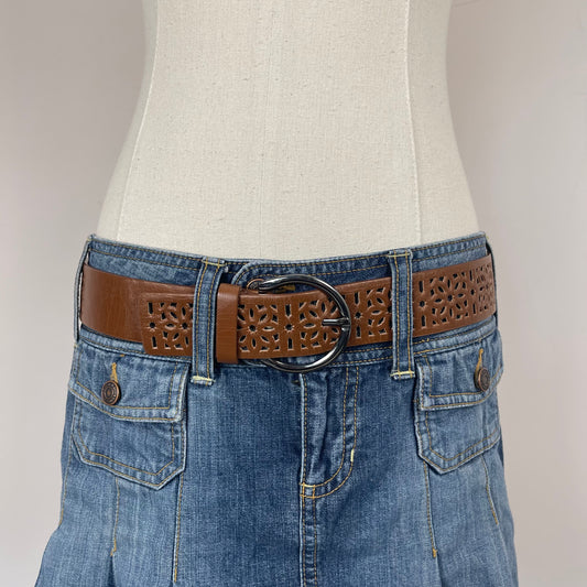 Brown Cutout Leather Silver Buckle Belt