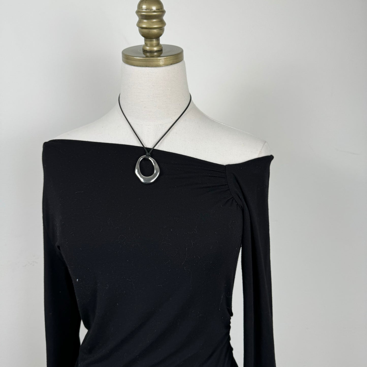 Black Asymmetric Off Shoulder Fitted Long Sleeve Top